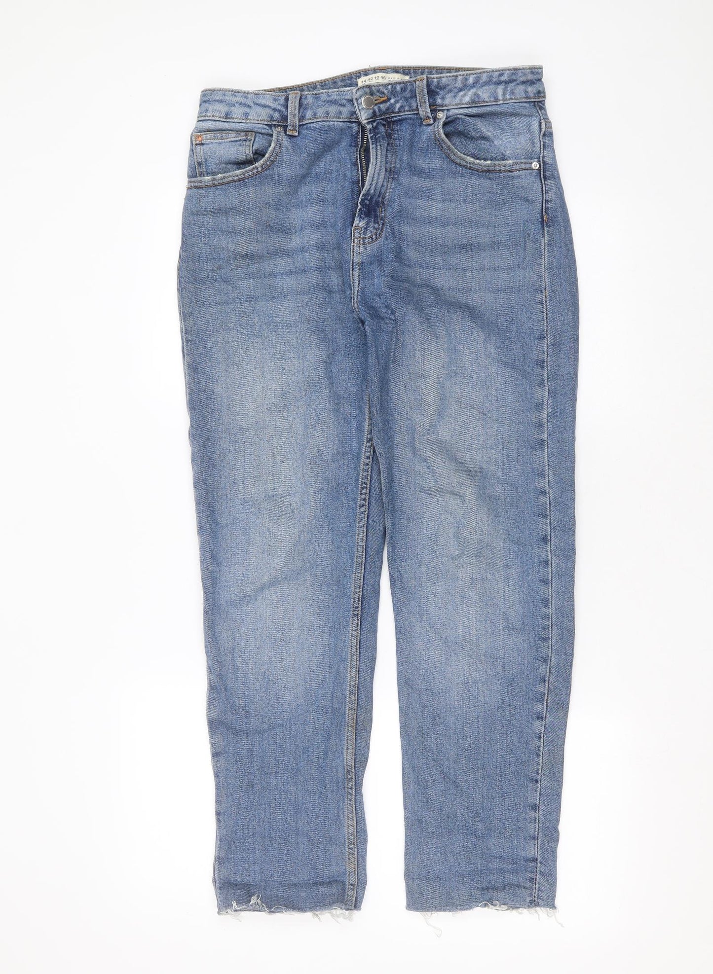 Primark Womens Blue  Cotton Straight Jeans Size 14 L28 in Regular  - Distressed hem