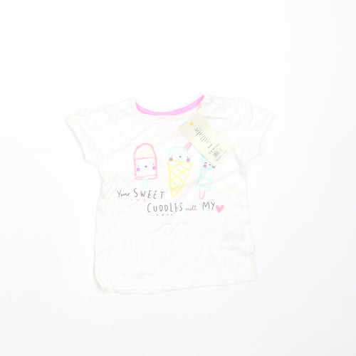 Peacocks Girls White  Cotton Basic T-Shirt Size 3-6 Months Round Neck  - icecream
