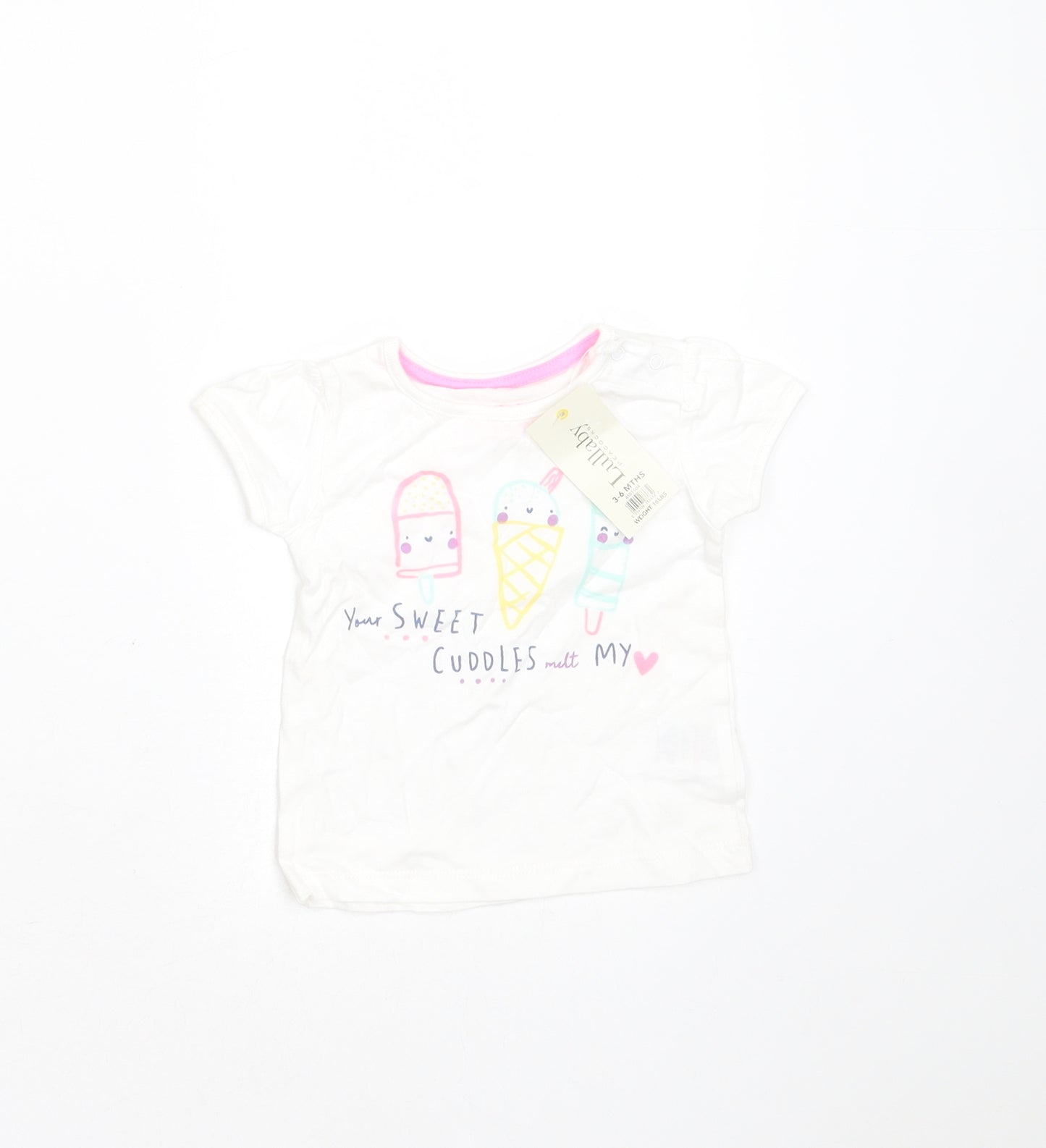 Peacocks Girls White  Cotton Basic T-Shirt Size 3-6 Months Round Neck  - icecream