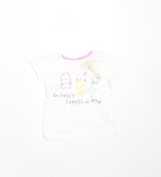 Front view of Peacocks girls’ white cotton basic t-shirt, size 3-6, months round neck - icecream