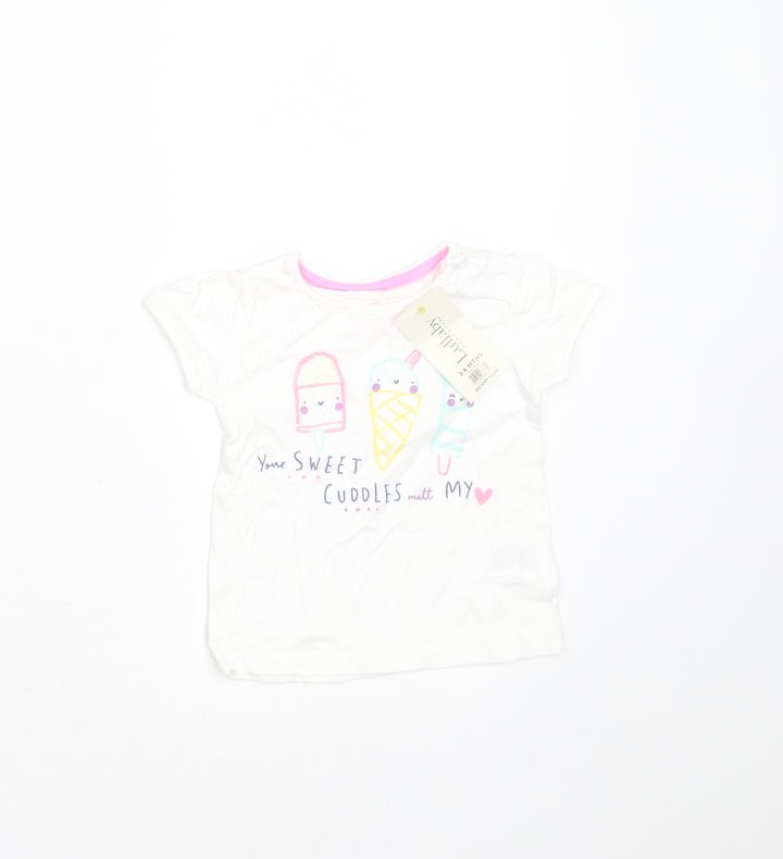 Peacocks Girls White  Cotton Basic T-Shirt Size 3-6 Months Round Neck  - icecream