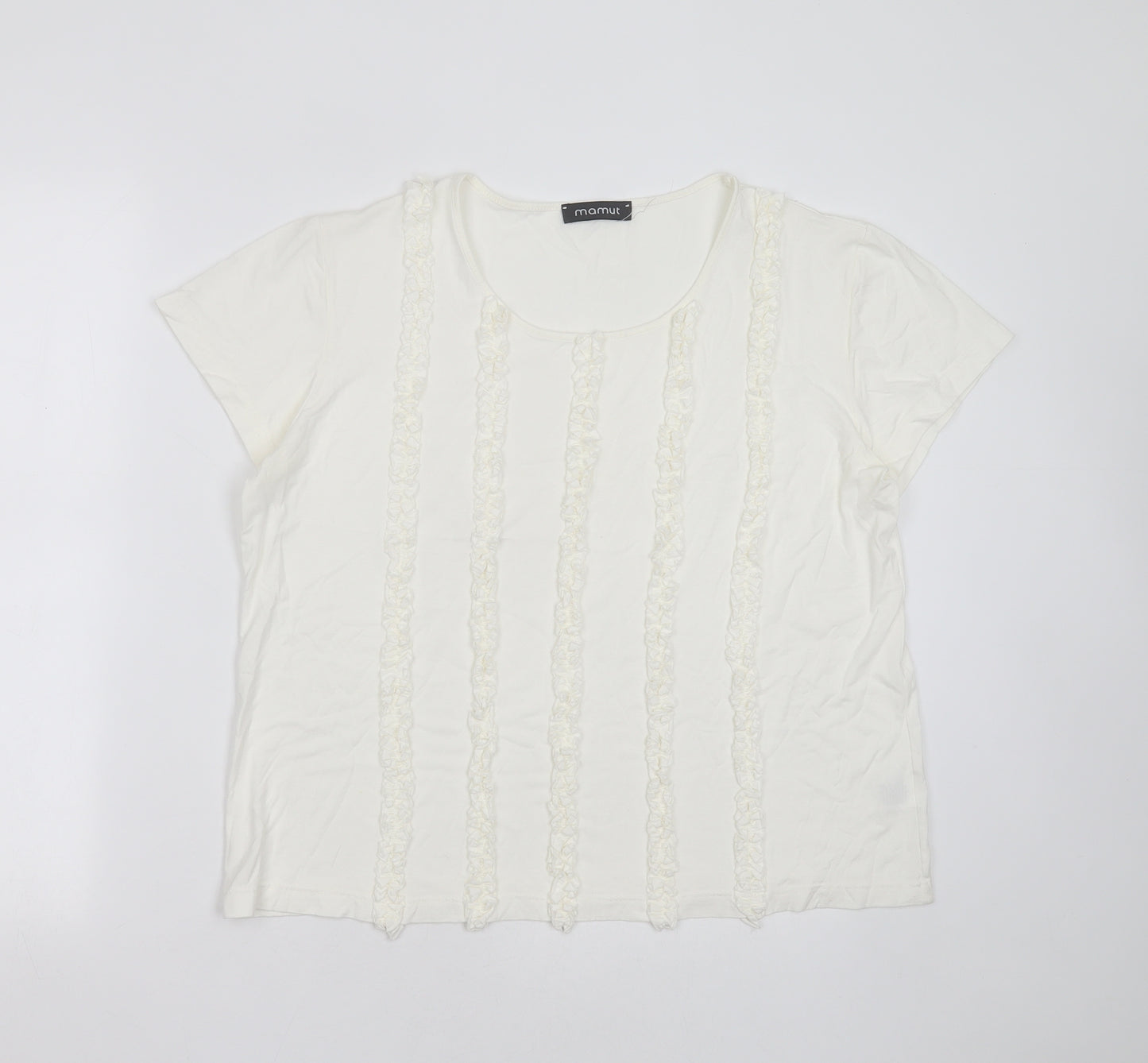 Mamut Womens White Striped Viscose Basic T-Shirt Size 16 Round Neck
