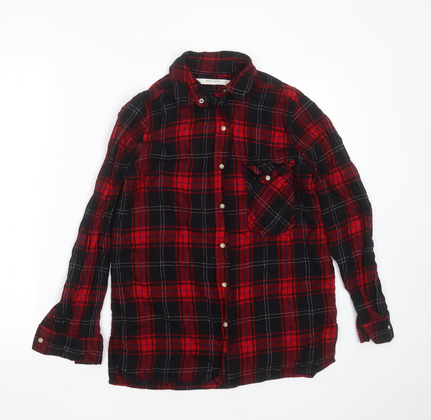 Zara Womens Black Plaid Viscose Basic Button-Up Size S Collared - snake