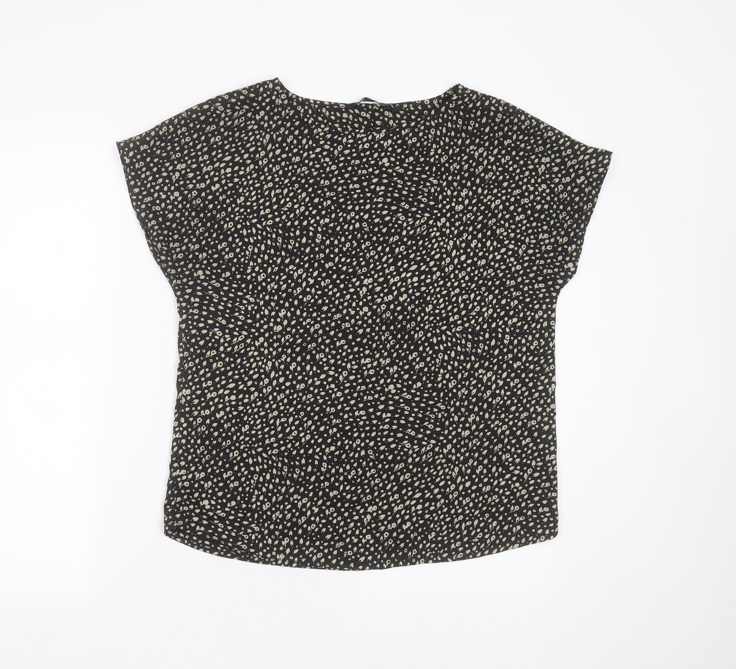 SIMON JERSEY Womens Black Floral Polyester Basic T-Shirt Size 10 Round Neck