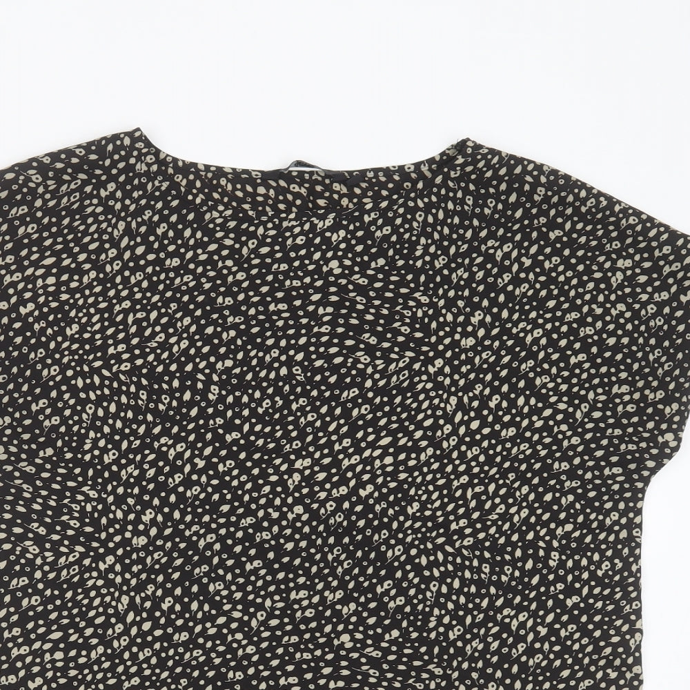 SIMON JERSEY Womens Black Floral Polyester Basic T-Shirt Size 10 Round Neck