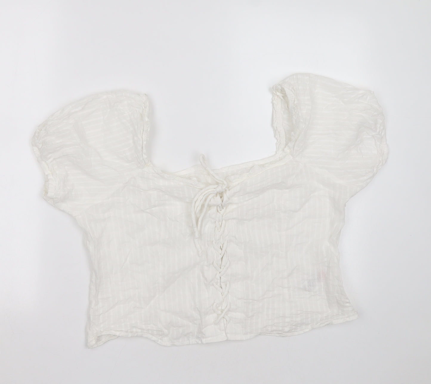 New Look Womens White Striped Cotton Cropped Blouse Size 18 Square Neck