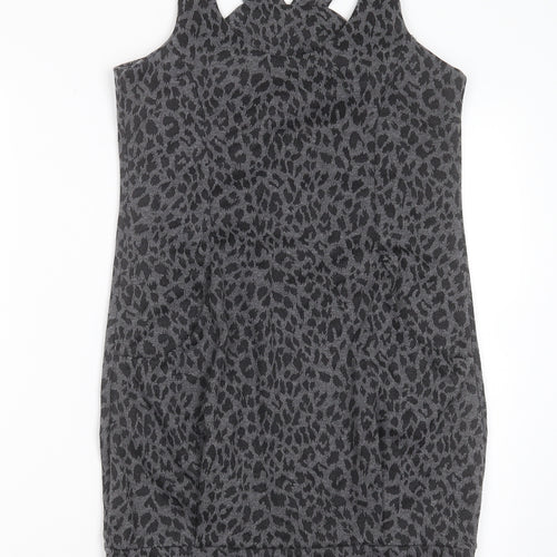 Preworn Womens Grey Animal Print Polyester Mini  Size 8  Round Neck