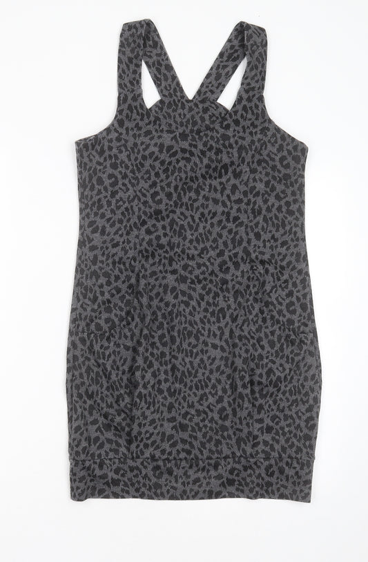 Front view of women’s grey animal print polyester mini, size UK 8, round neck