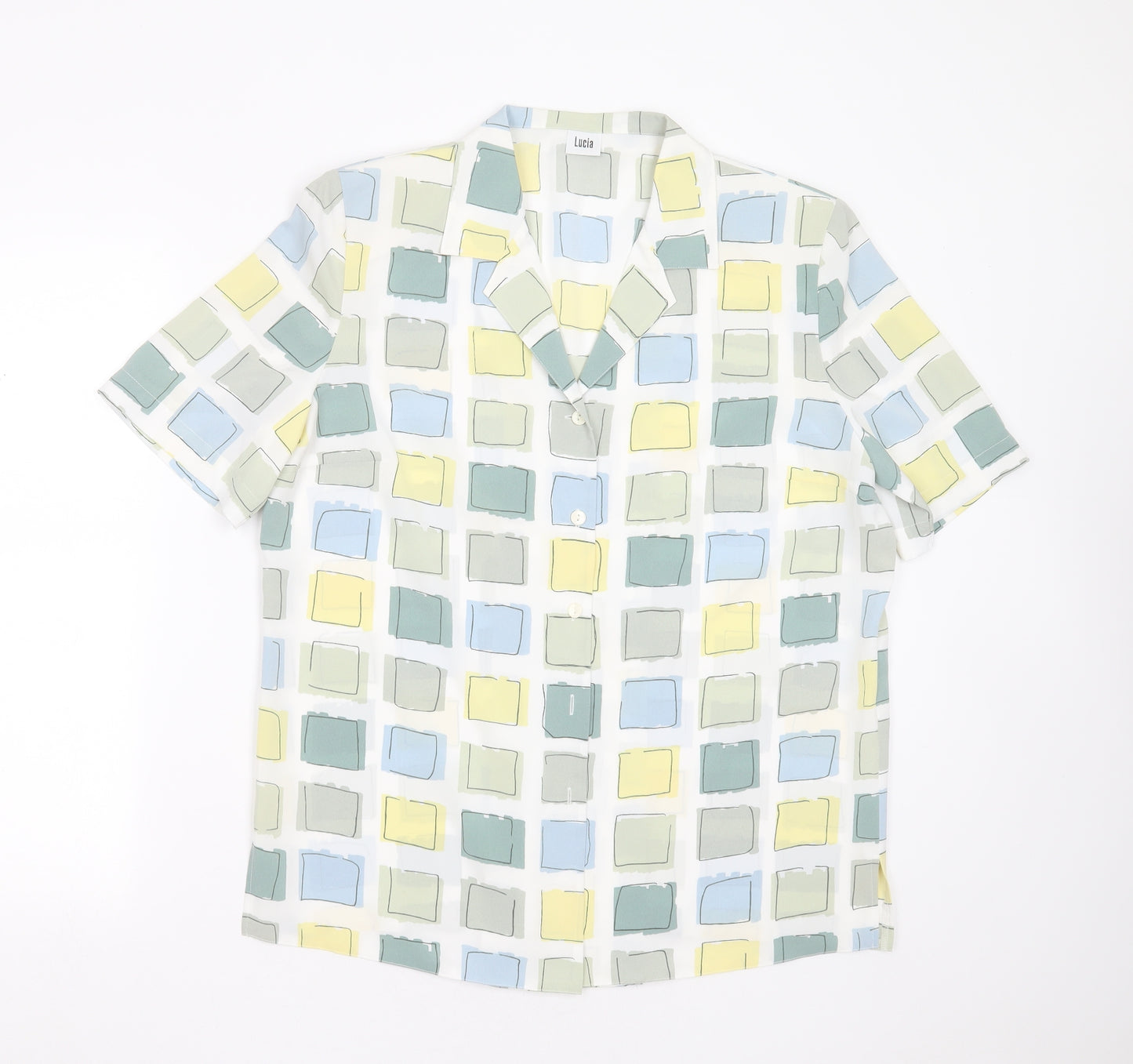 LUCIA Womens White Geometric Polyester Basic Blouse Size 14 Collared - shoulder pads