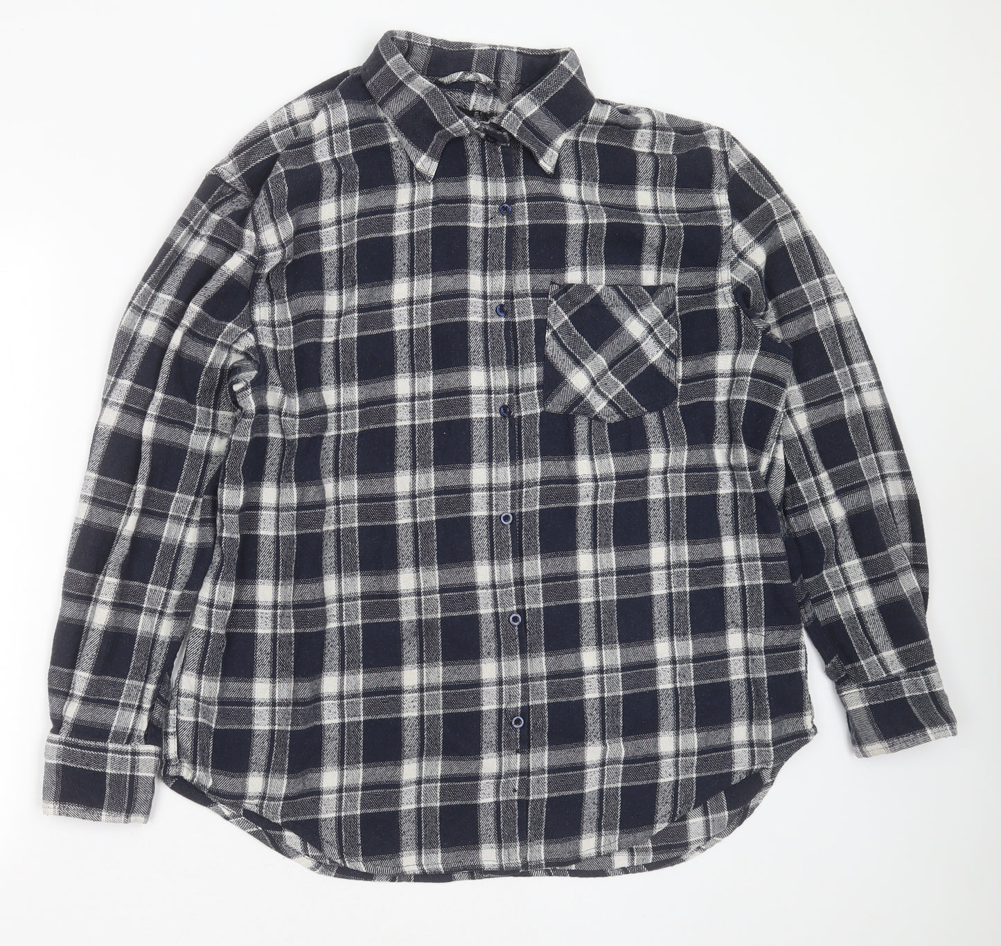 Boohoo Womens Blue Check Cotton Basic Button-Up Size 14 Collared