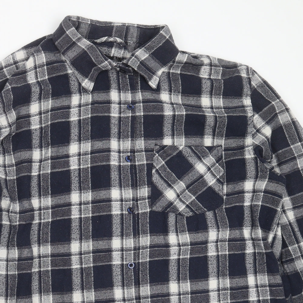 Boohoo Womens Blue Check Cotton Basic Button-Up Size 14 Collared