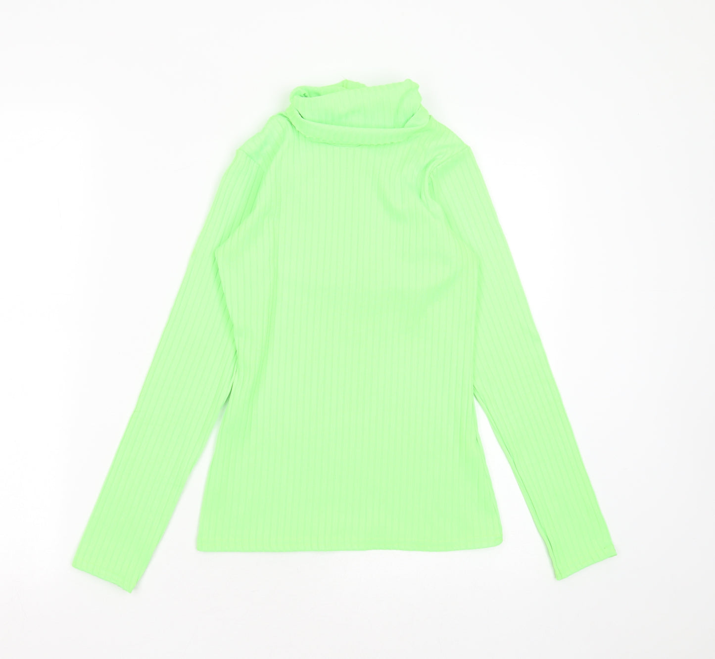 PRETTYLITTLETHING Womens Green Striped Polyester Basic T-Shirt Size 10 Roll Neck