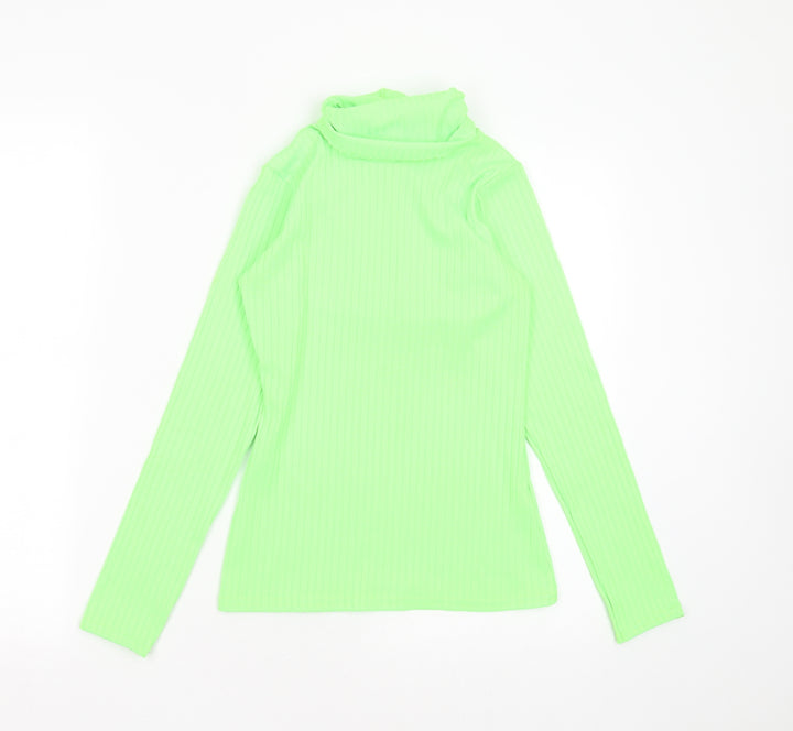PRETTYLITTLETHING Womens Green Striped Polyester Basic T-Shirt Size 10 Roll Neck