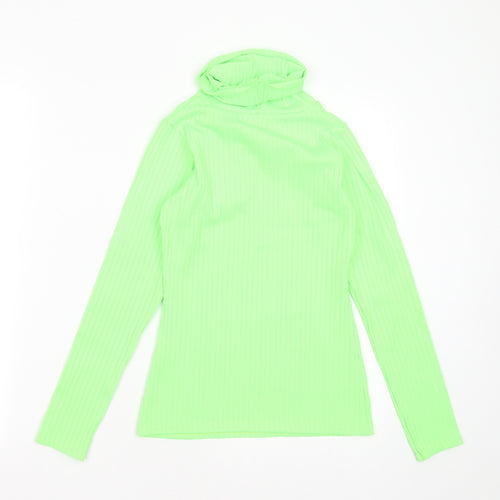 PRETTYLITTLETHING Womens Green Striped Polyester Basic T-Shirt Size 10 Roll Neck