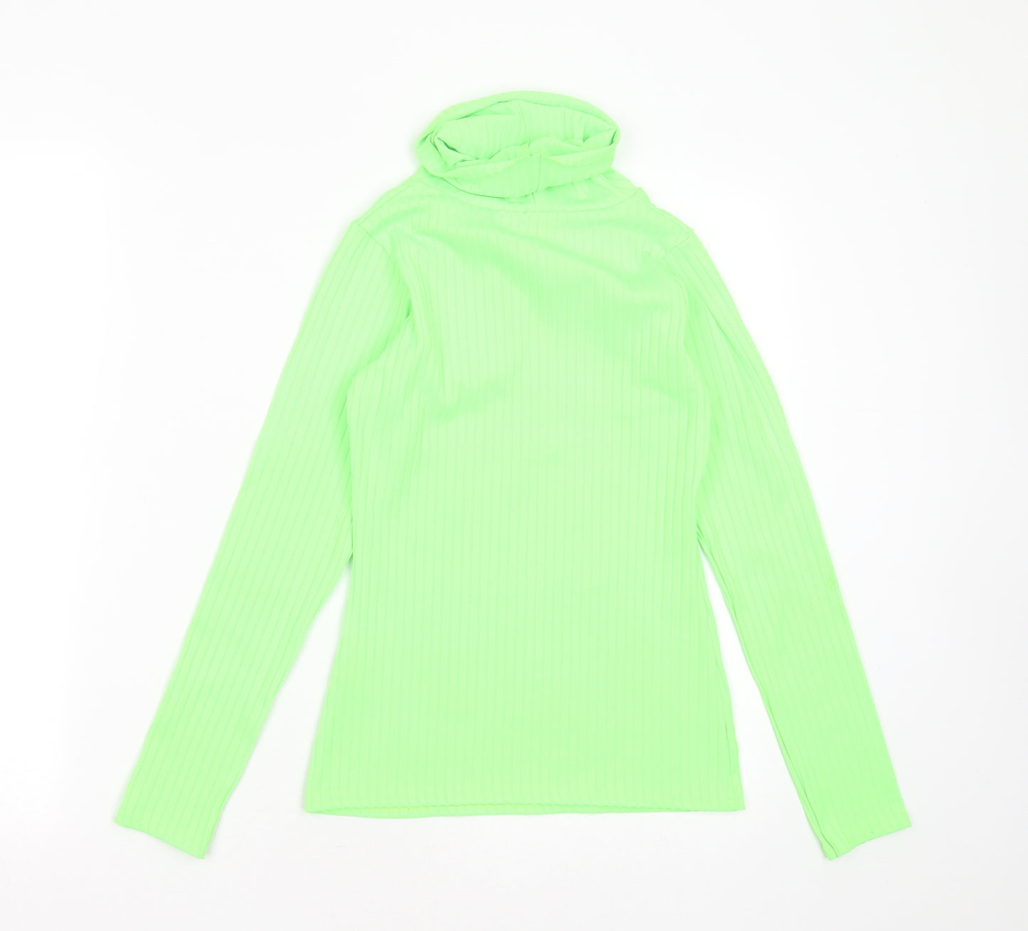 PRETTYLITTLETHING Womens Green Striped Polyester Basic T-Shirt Size 10 Roll Neck