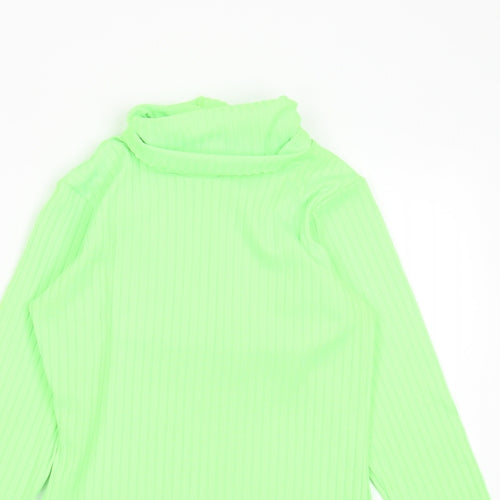 PRETTYLITTLETHING Womens Green Striped Polyester Basic T-Shirt Size 10 Roll Neck