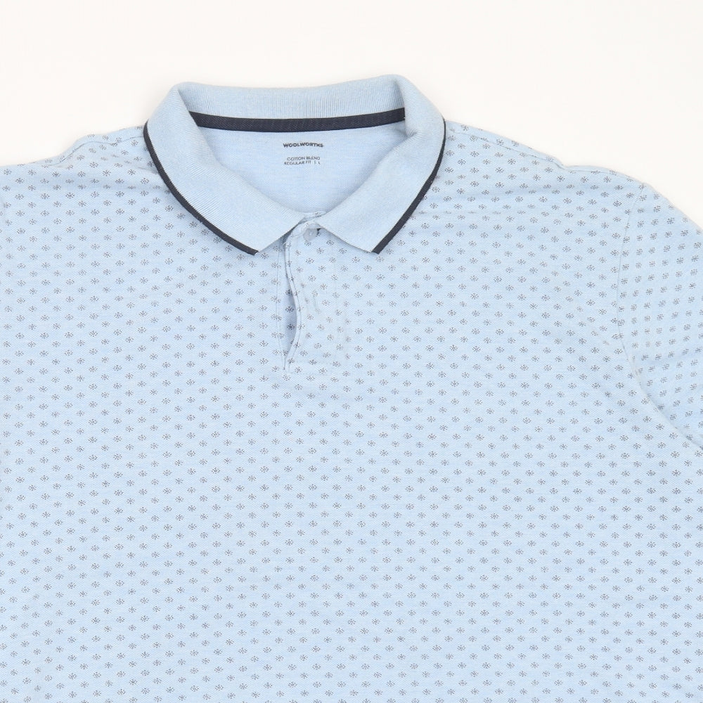 Woolworths Mens Blue Geometric Cotton Blend  Polo Size L Collared