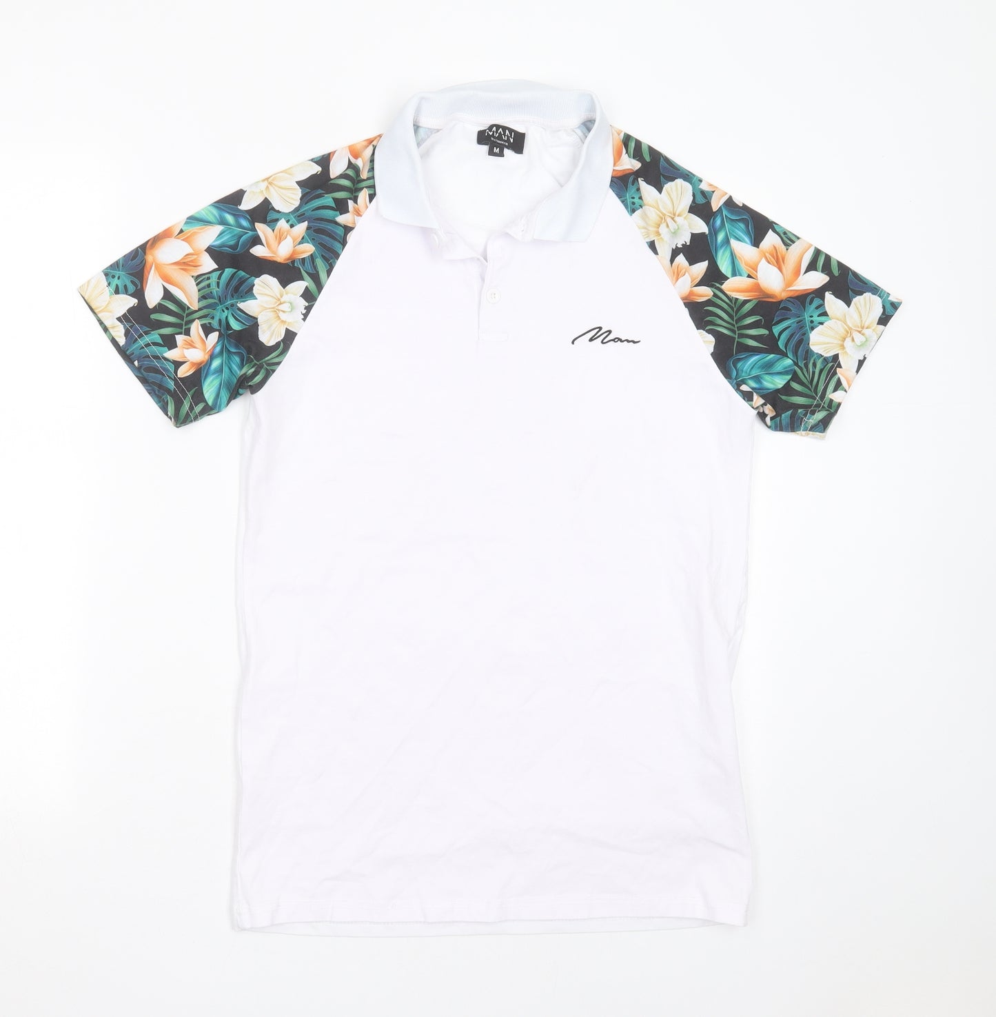 BOOHOO MAN Mens White  Cotton  Polo Size M Collared  - floral sleeves