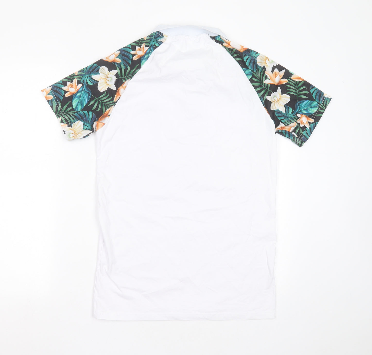 BOOHOO MAN Mens White  Cotton  Polo Size M Collared  - floral sleeves