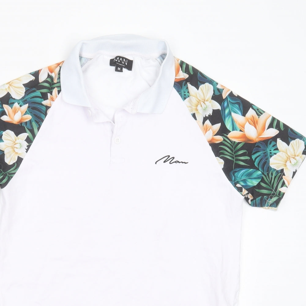 BOOHOO MAN Mens White  Cotton  Polo Size M Collared  - floral sleeves