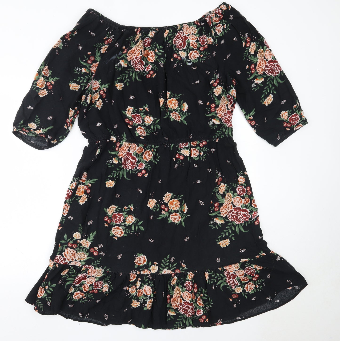 Peacocks Womens Black Floral Viscose Fit & Flare  Size 16  Off the Shoulder
