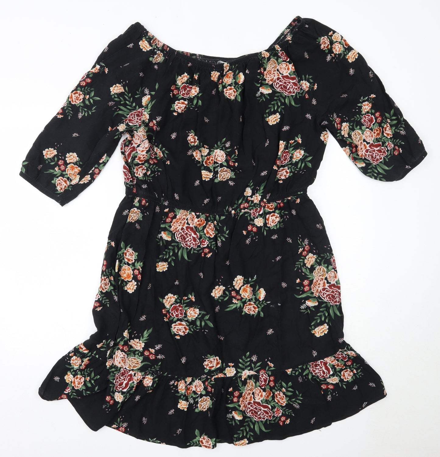 Peacocks Womens Black Floral Viscose Fit & Flare  Size 16  Off the Shoulder