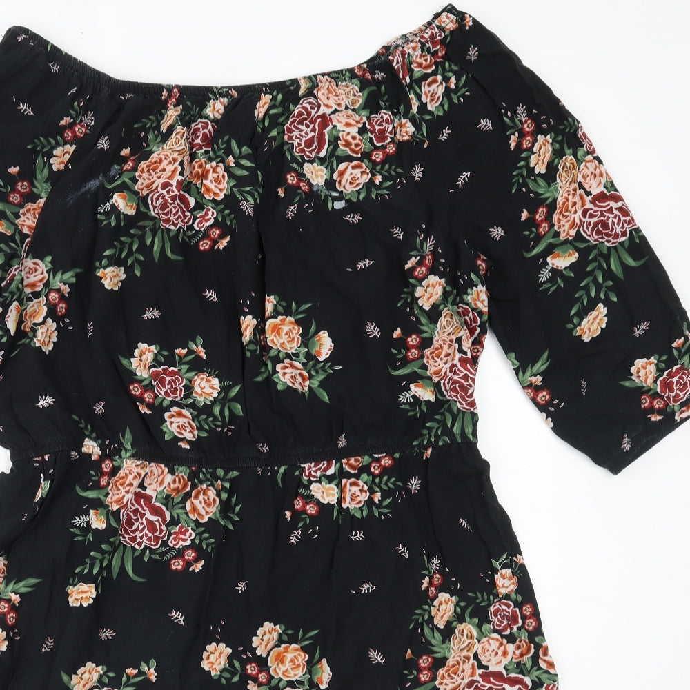 Peacocks Womens Black Floral Viscose Fit & Flare  Size 16  Off the Shoulder