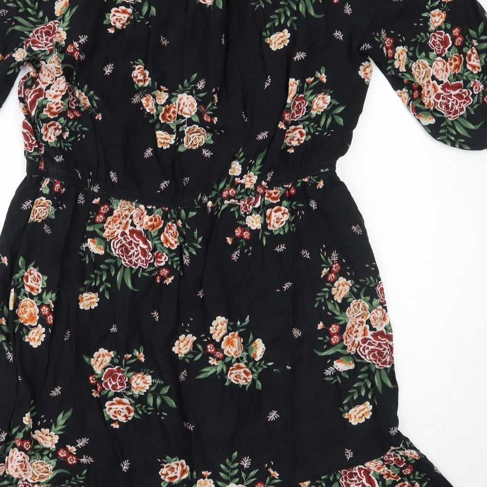 Peacocks Womens Black Floral Viscose Fit & Flare  Size 16  Off the Shoulder