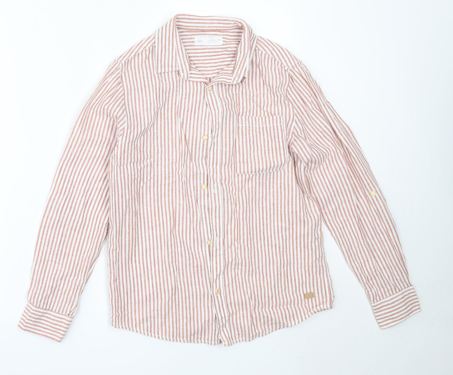 Zara Boys Orange Striped Cotton Basic Button-Up Size 11-12 Years Collared