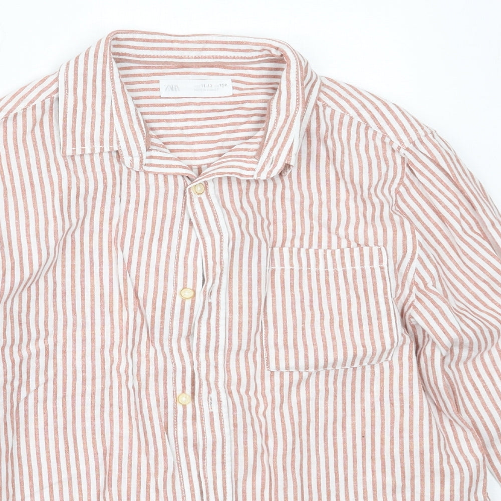 Zara Boys Orange Striped Cotton Basic Button-Up Size 11-12 Years Collared