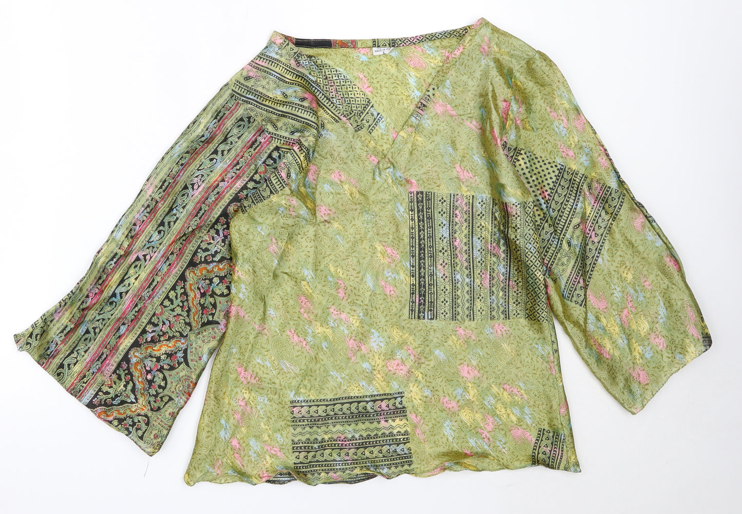 Preworn Womens Green  Polyester Basic Blouse Size L V-Neck
