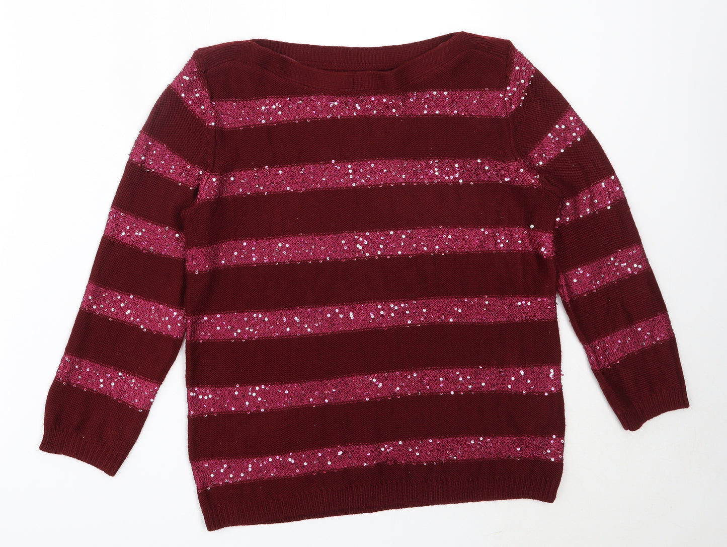 Papaya Womens Red Round Neck Striped Acrylic Pullover Jumper Size 10
