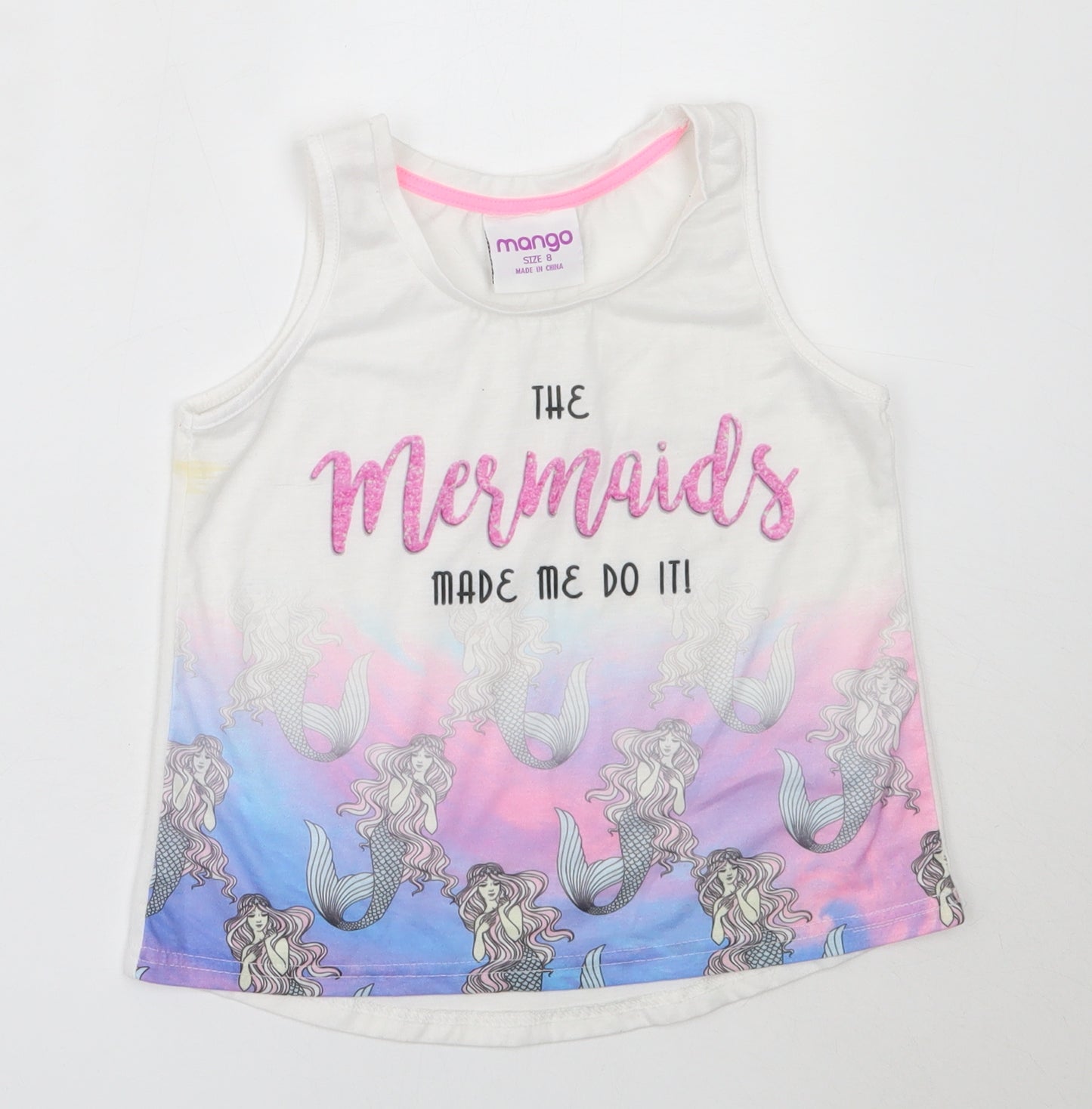 Mango Girls White  Polyester Basic Tank Size 8 Years Round Neck  - mermaid