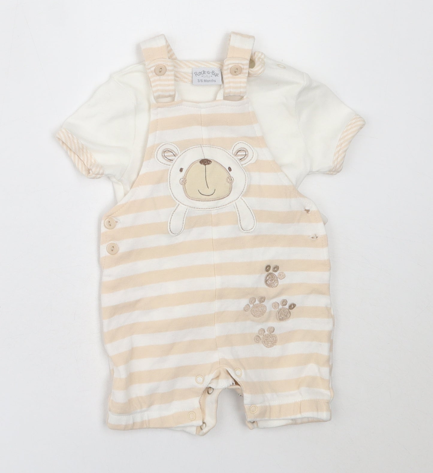 Rock-A-Bye Baby Boys Ivory Striped Cotton Dungaree One-Piece Size 3-6 Months