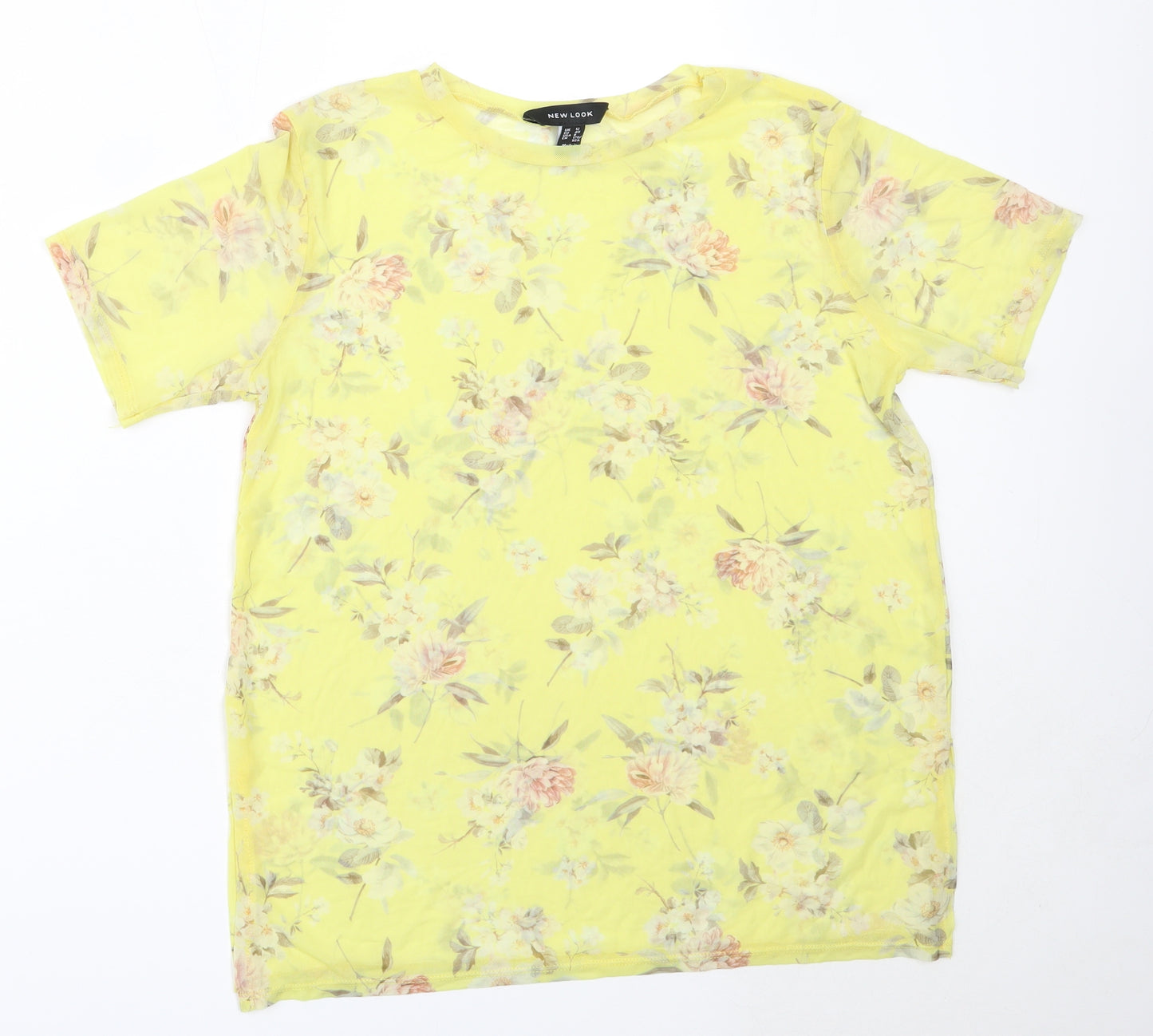 New Look Womens Yellow Floral Polyester Basic Blouse Size 12 Round Neck