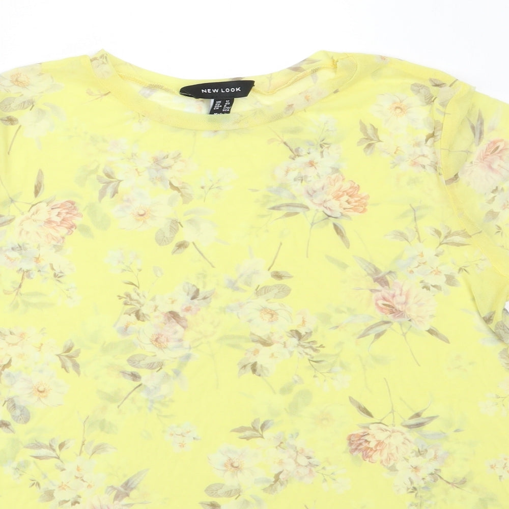 New Look Womens Yellow Floral Polyester Basic Blouse Size 12 Round Neck