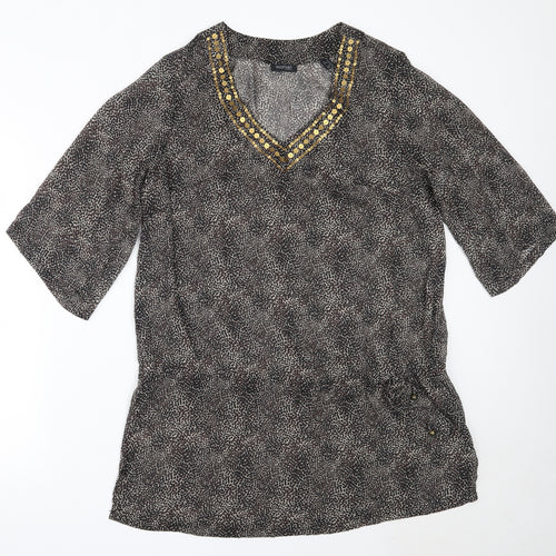 Tchibo Womens Brown Animal Print Polyester Basic Blouse Size 44 V-Neck