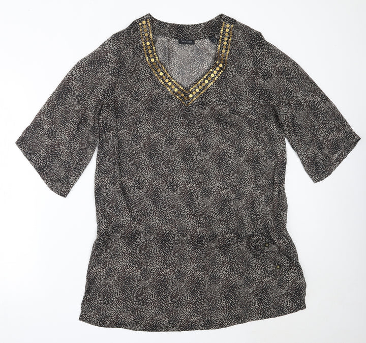 Tchibo Womens Brown Animal Print Polyester Basic Blouse Size 44 V-Neck