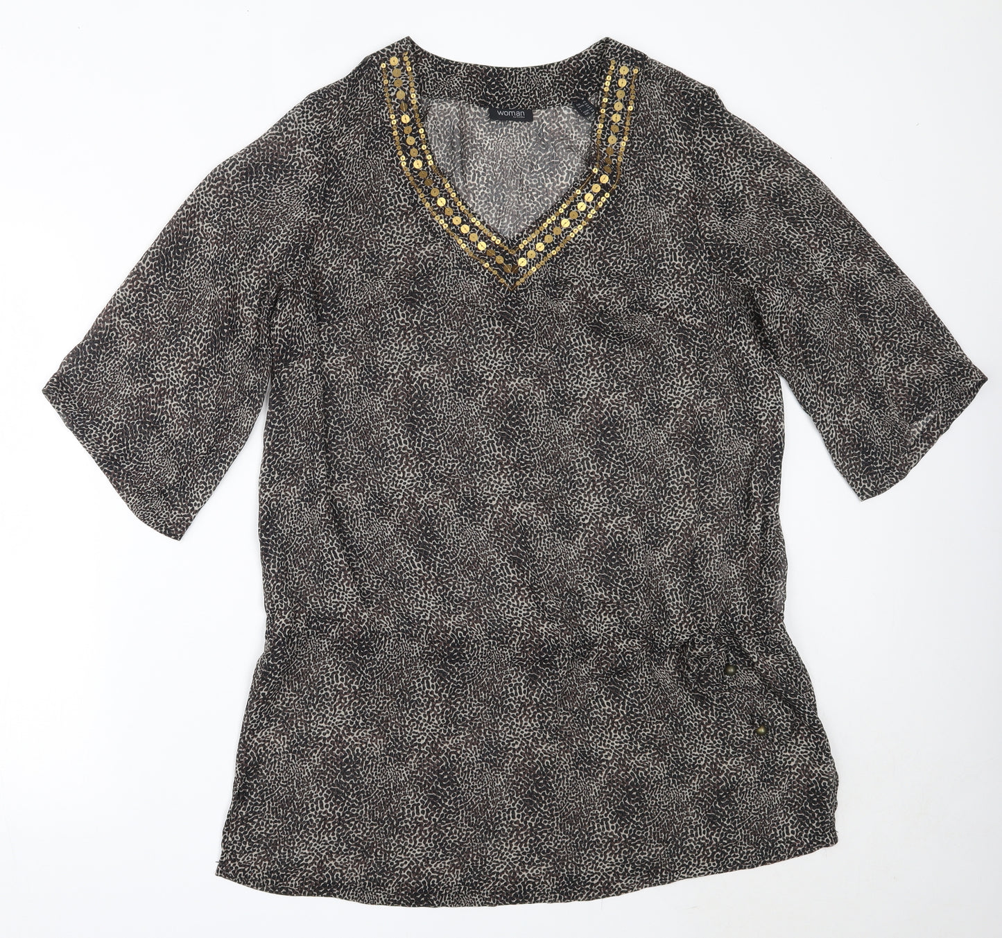 Tchibo Womens Brown Animal Print Polyester Basic Blouse Size 44 V-Neck