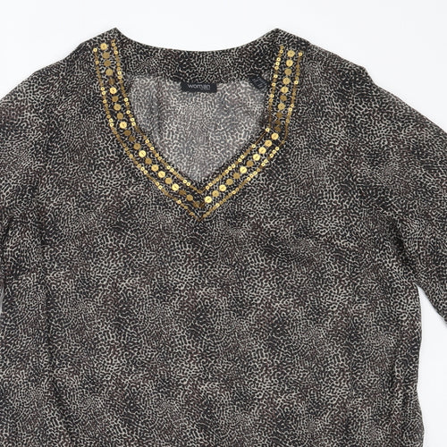 Tchibo Womens Brown Animal Print Polyester Basic Blouse Size 44 V-Neck