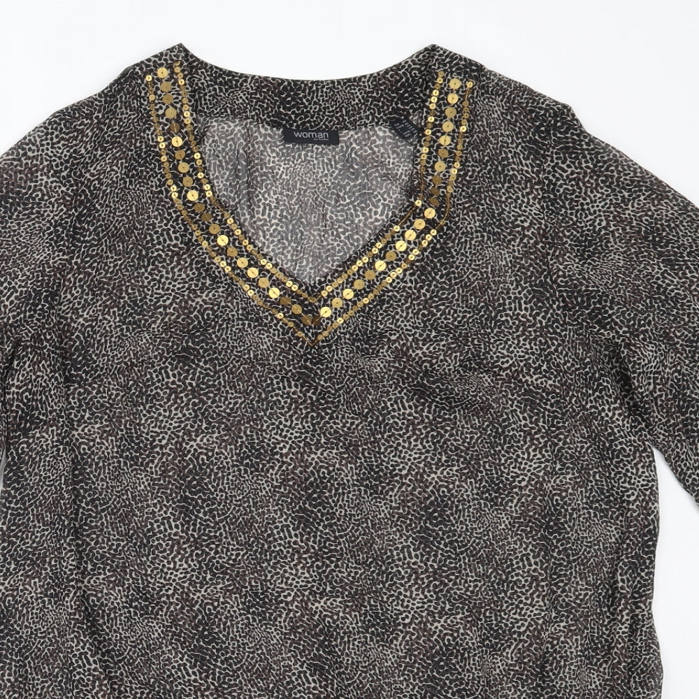 Tchibo Womens Brown Animal Print Polyester Basic Blouse Size 44 V-Neck