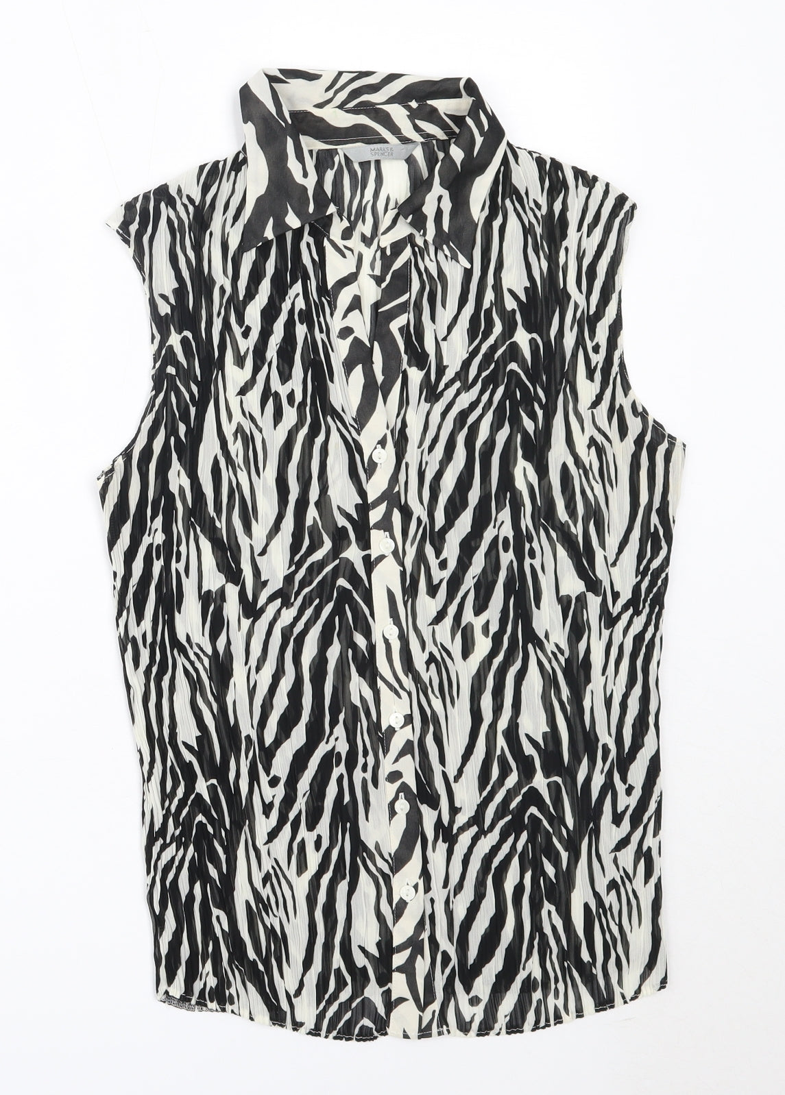 Marks and Spencer Womens Black Geometric Polyester Basic Button-Up Size 14 Collared