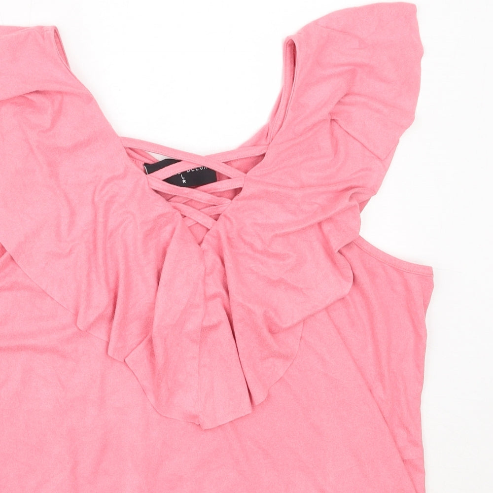 Damned Delux Womens Pink  Polyester Basic Blouse Size L V-Neck