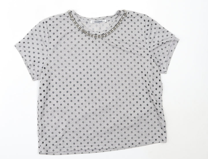 Threadbare Womens Grey Polka Dot Polyester Basic Blouse Size 12 Round Neck