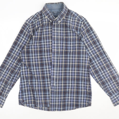 Oak valley Mens Blue Check Cotton  Button-Up Size S Collared Button