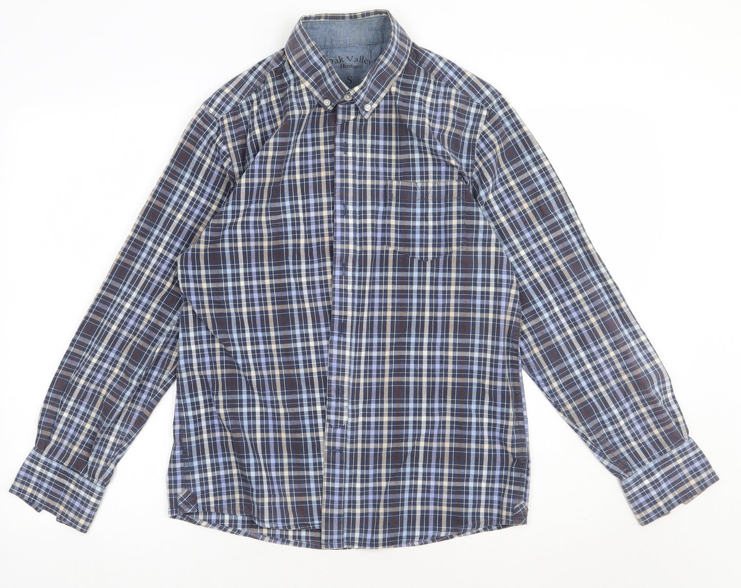 Oak valley Mens Blue Check Cotton  Button-Up Size S Collared Button