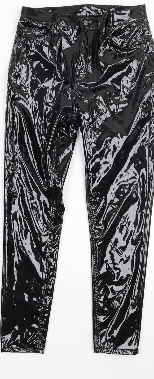 Topshop Womens Black  Polyurethane Trousers  Size 28 L32 in Regular Button
