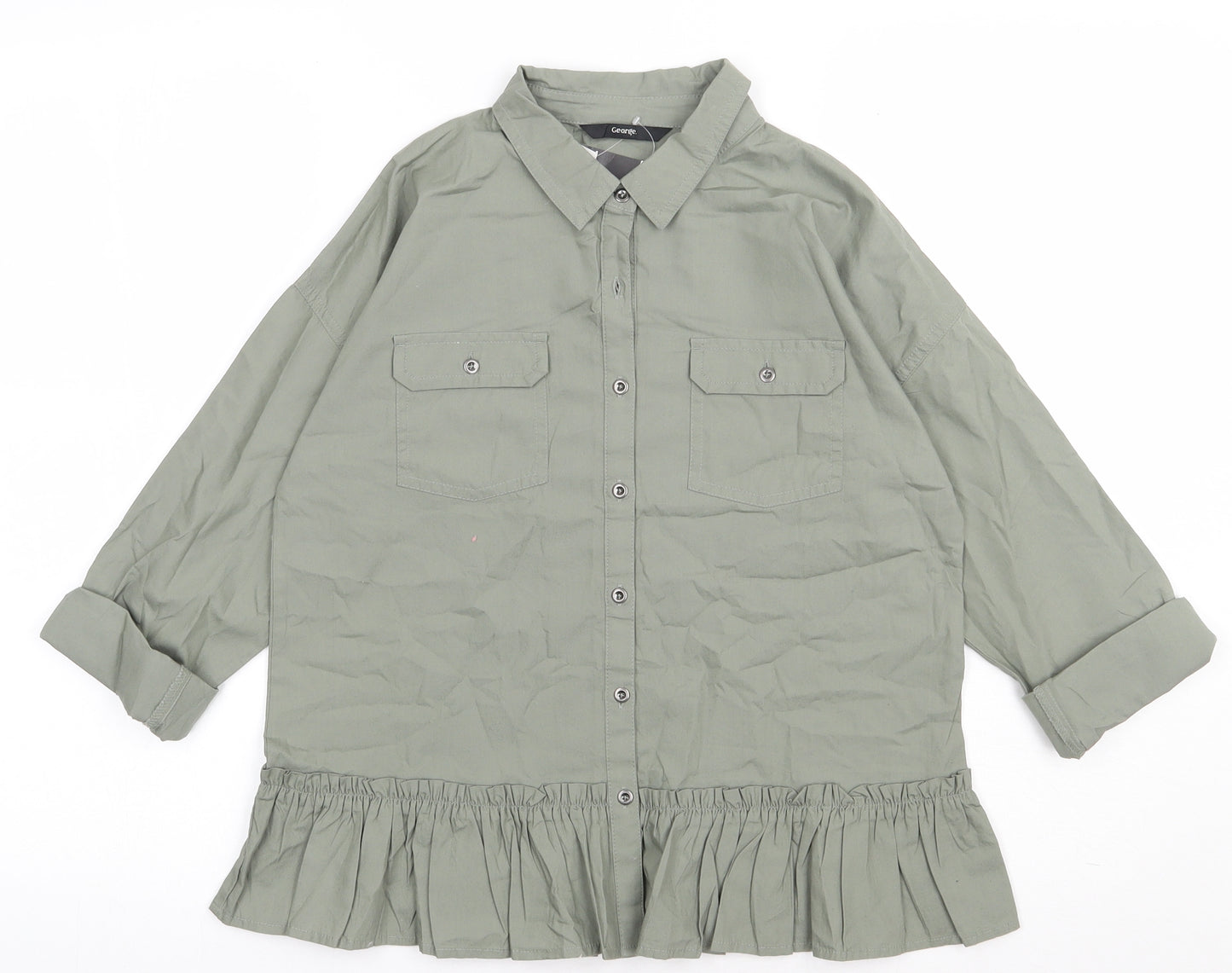 George Girls Green  Cotton Basic Button-Up Size 11-12 Years Collared Button