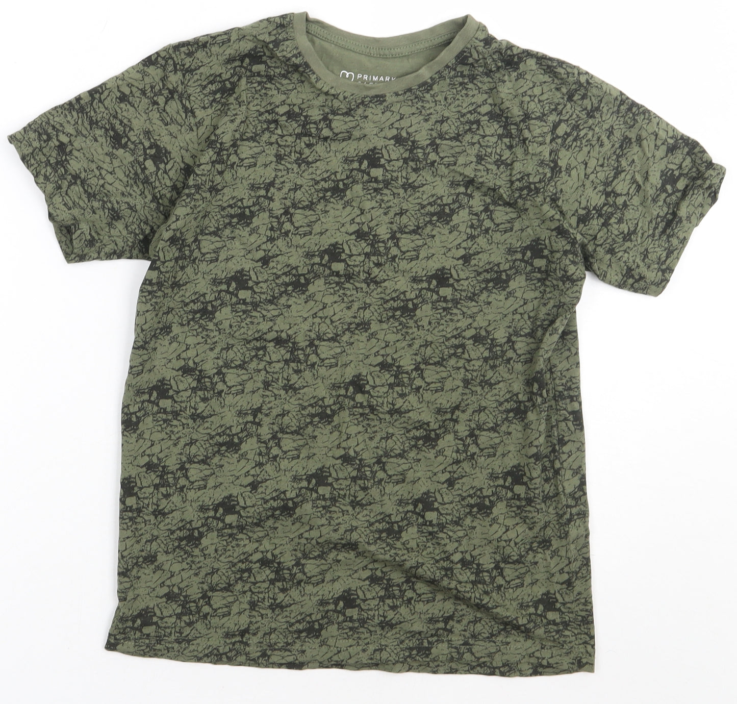 Primark Boys Green Geometric Cotton Basic T-Shirt Size 8-9 Years Crew Neck Pullover