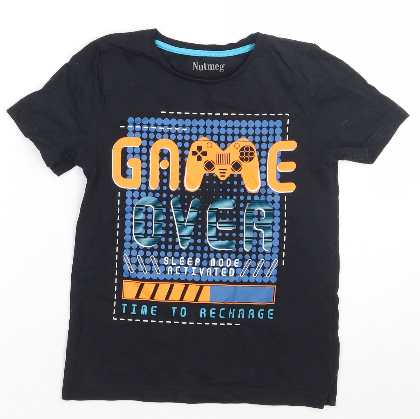 Nutmeg Boys Black  Cotton Basic T-Shirt Size 8-9 Years Crew Neck Pullover - Game over